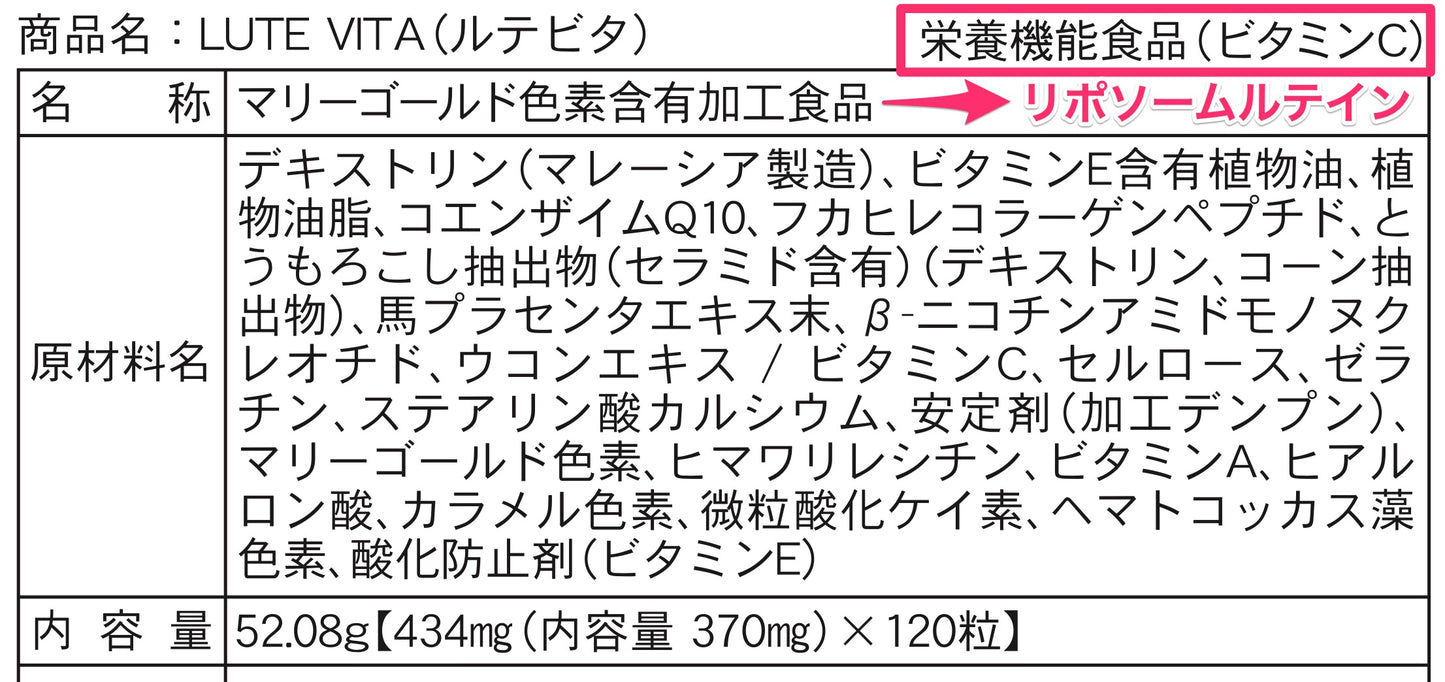 ルテビタ｜リポソームルテイン＆リポソームビタミンC＆美容成分配合サプリメント