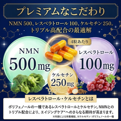 NMN15000 Premium Blend｜NMN＆レスベラトロール＆ケルセチン｜薬科大学発の進化型サプリ